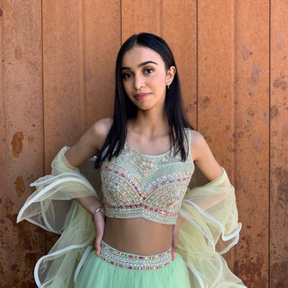 Green Ombre Net Poofy Princess Lehenga Set - heavy mirror handwork on blouse with sheer back