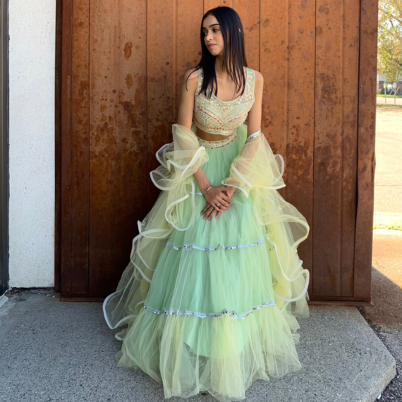 Green Ombre Net Poofy Princess Lehenga Set - heavy mirror handwork on blouse with sheer back