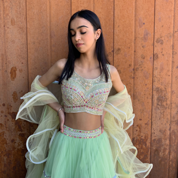 Green Ombre Net Poofy Princess Lehenga Set - heavy mirror handwork on blouse with sheer back