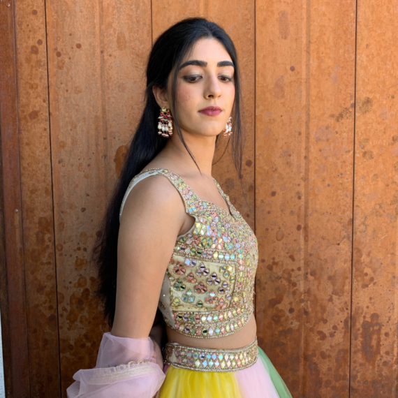 Rainbow Multi-coloured Net Poofy Princess Lehenga Set - heavy mirror handwork on blouse with sheer back