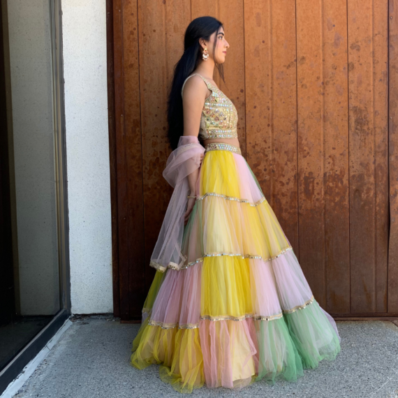 Rainbow Multi-coloured Net Poofy Princess Lehenga Set - heavy mirror handwork on blouse with sheer back