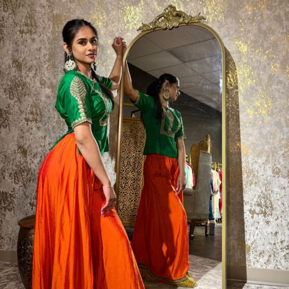 Bright Orange Raw Silk Wide-Leg Pants with Green Silk Blouse with Motifs