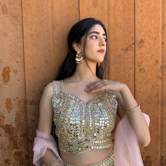 Rainbow Multi-coloured Net Poofy Princess Lehenga Set - heavy mirror handwork on blouse with sheer back