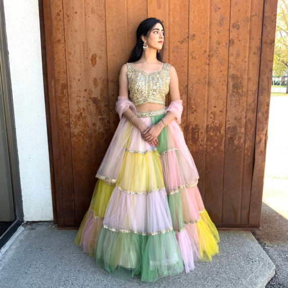 Rainbow Multi-coloured Net Poofy Princess Lehenga Set - heavy mirror handwork on blouse with sheer back