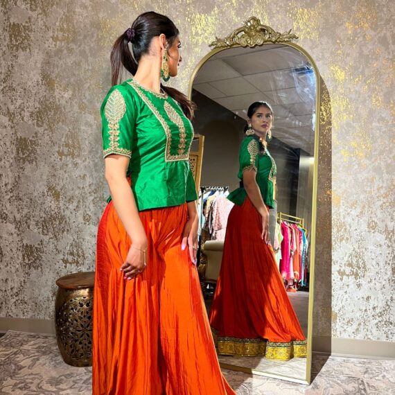 Bright Orange Raw Silk Wide-Leg Pants with Green Silk Blouse with Motifs