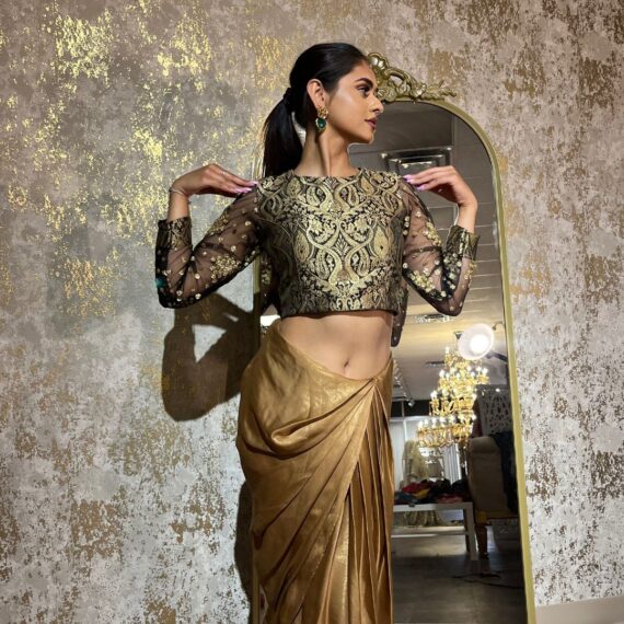 Oxy-Golden Dhoti Skirt with Black Backless Net Blouse