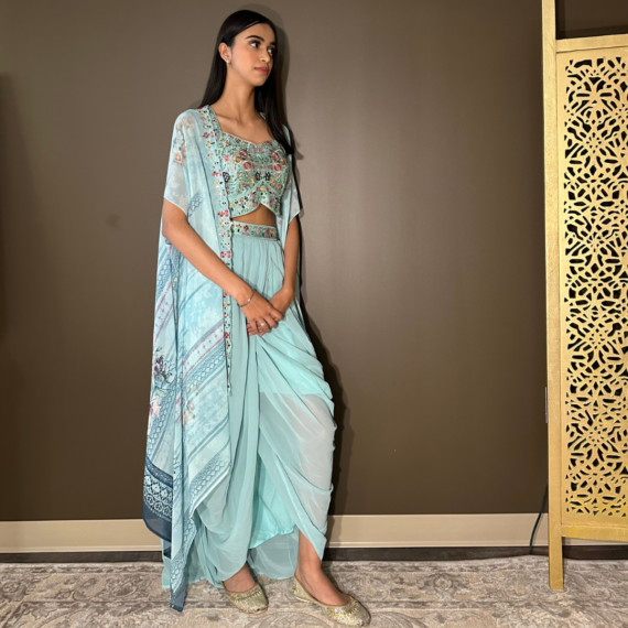 Cape Indo-western Fusion Dhoti-style Outfit - Sky Blue mirror handwork on blouse