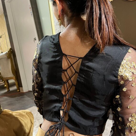 Oxy-Golden Dhoti Skirt with Black Backless Net Blouse
