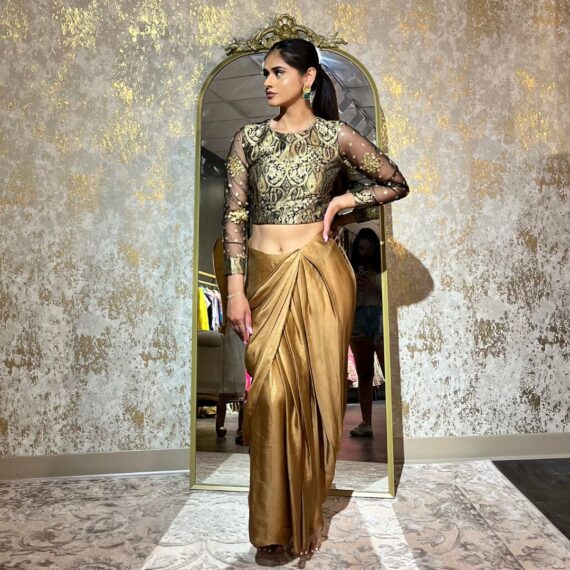 Oxy-Golden Dhoti Skirt with Black Backless Net Blouse