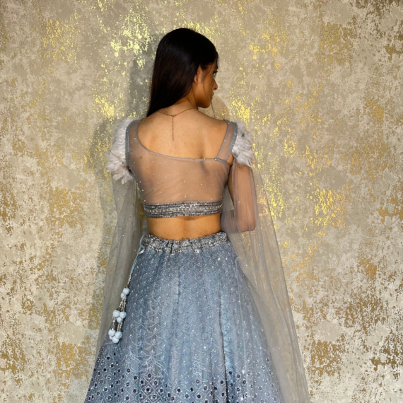 Formal Reception Lehenga Set with Feather Shoulders, Intricate Mirror Work on the Lehenga and Heavy Handwork on Blouse