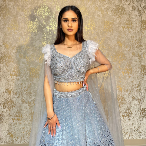 Formal Reception Lehenga Set with Feather Shoulders, Intricate Mirror Work on the Lehenga and Heavy Handwork on Blouse