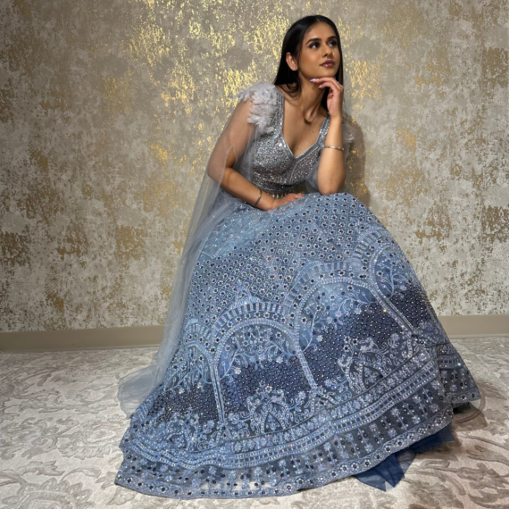 Formal Reception Lehenga Set with Feather Shoulders, Intricate Mirror Work on the Lehenga and Heavy Handwork on Blouse