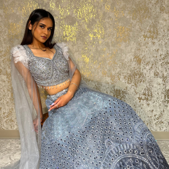 Formal Reception Lehenga Set with Feather Shoulders, Intricate Mirror Work on the Lehenga and Heavy Handwork on Blouse