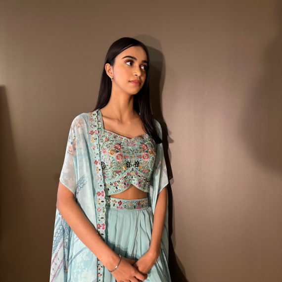 Cape Indo-western Fusion Dhoti-style Outfit - Sky Blue mirror handwork on blouse
