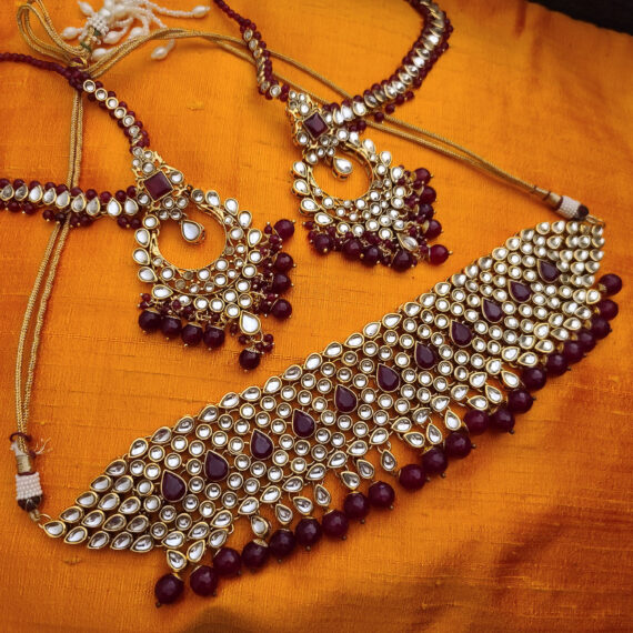 Indian Traditional Bollywood Fashion Kundan Bridal Jewelry Set with Choker Earrings Maang Tikka for Women