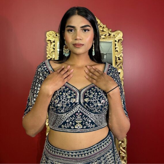 Navy Blue Lehenga Set in All-Over Floral Embroidery - Perfect for Mehendi or Sangeet