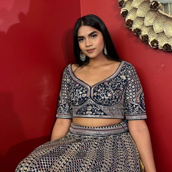 Navy Blue Lehenga Set in All-Over Floral Embroidery - Perfect for Mehendi or Sangeet