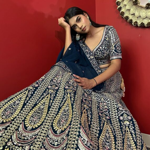 Navy Blue Lehenga Set in All-Over Floral Embroidery - Perfect for Mehendi or Sangeet