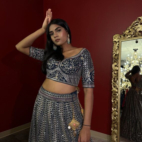 Navy Blue Lehenga Set in All-Over Floral Embroidery - Perfect for Mehendi or Sangeet