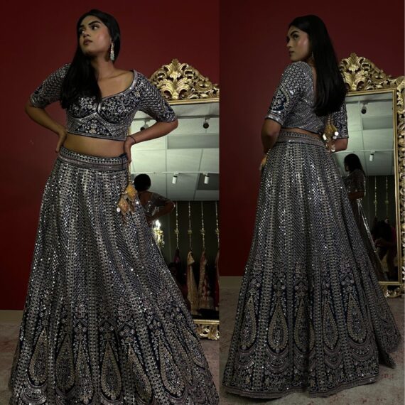 Navy Blue Lehenga Set in All-Over Floral Embroidery - Perfect for Mehendi or Sangeet