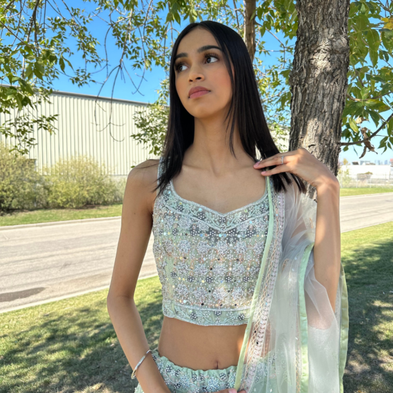 Mint Green Lehenga with Pearl & Mirror Handwork with Thread Motifs
