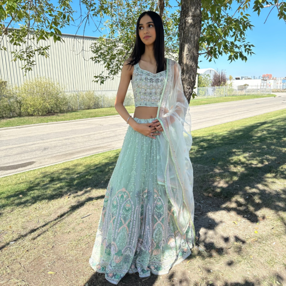 Mint Green Lehenga with Pearl & Mirror Handwork with Thread Motifs