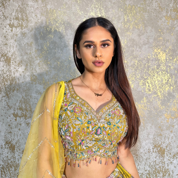Mustard Yellow Lehenga with Heavy Handwork on Top (blouse) with Flowy Trendy Style Sequins Lehnga Skirt and light Net Dupatta