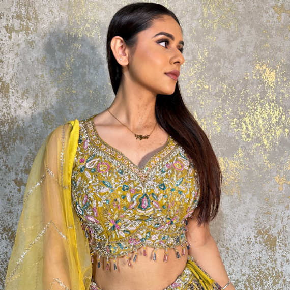 Mustard Yellow Lehenga with Heavy Handwork on Top (blouse) with Flowy Trendy Style Sequins Lehnga Skirt and light Net Dupatta