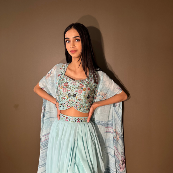 Cape Indo-western Fusion Dhoti-style Outfit - Sky Blue mirror handwork on blouse