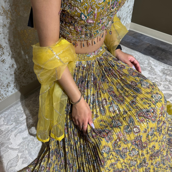 Mustard Yellow Lehenga with Heavy Handwork on Top (blouse) with Flowy Trendy Style Sequins Lehnga Skirt and light Net Dupatta