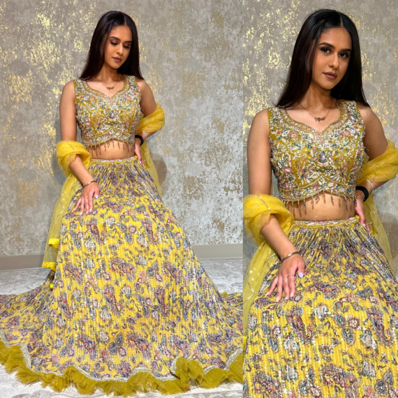 Mustard Yellow Lehenga with Heavy Handwork on Top (blouse) with Flowy Trendy Style Sequins Lehnga Skirt and light Net Dupatta