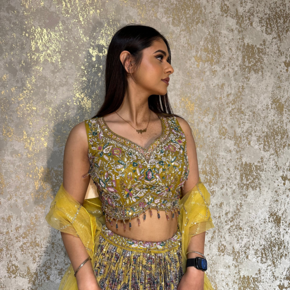 Mustard Yellow Lehenga with Heavy Handwork on Top (blouse) with Flowy Trendy Style Sequins Lehnga Skirt and light Net Dupatta