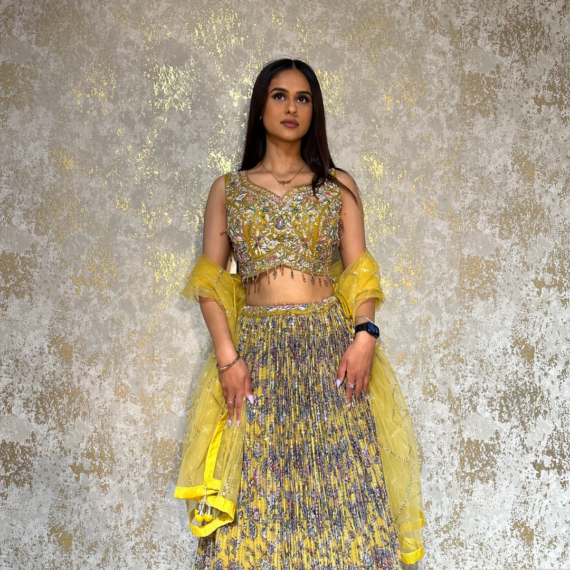 Mustard Yellow Lehenga with Heavy Handwork on Top (blouse) with Flowy Trendy Style Sequins Lehnga Skirt and light Net Dupatta