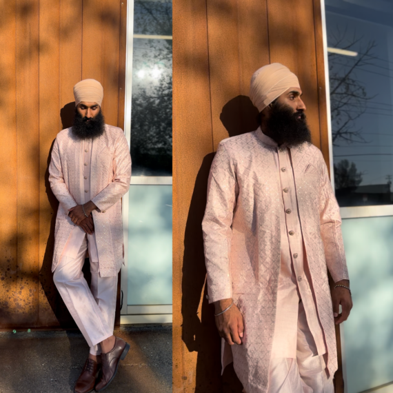 Men's Silk Kurta - Pajama Set with Long Jacket, Pocket Square and Golden Lotus Buttons in Blush Pink