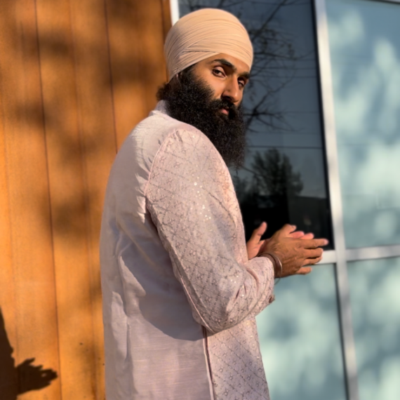 Men's Silk Kurta - Pajama Set with Long Jacket, Pocket Square and Golden Lotus Buttons in Blush Pink