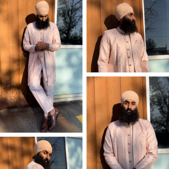 Men's Silk Kurta - Pajama Set with Long Jacket, Pocket Square and Golden Lotus Buttons in Blush Pink