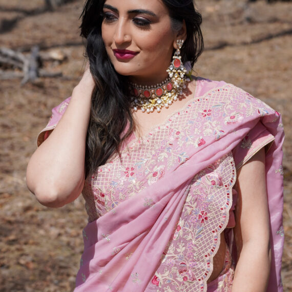 Blush Pink Organza Saree with Embroidered Floral Borders - Drape Style
