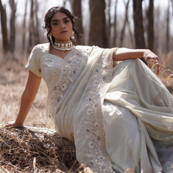Mint Green Organza Saree with Embroidered Floral Borders - Drape Style