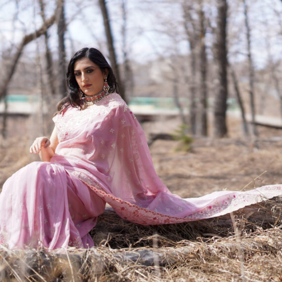 Blush Pink Organza Saree with Embroidered Floral Borders - Drape Style