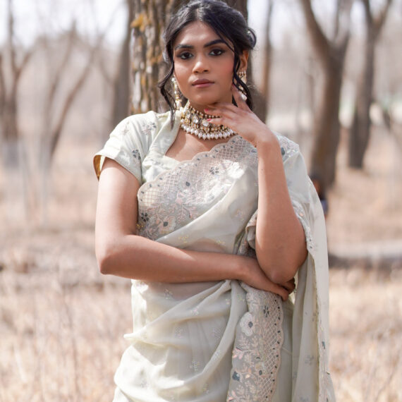 Mint Green Organza Saree with Embroidered Floral Borders - Drape Style