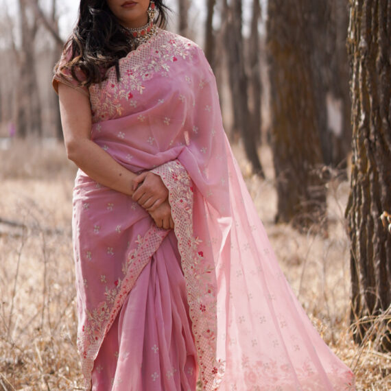 Blush Pink Organza Saree with Embroidered Floral Borders - Drape Style