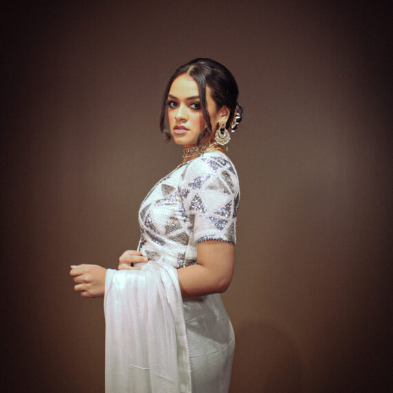 Silver Shimmer Saree with Heavy Embroidered Sequence Work Blouse
