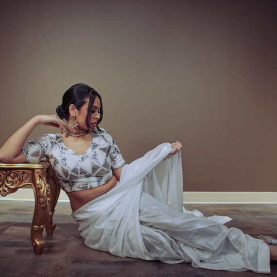 Silver Shimmer Saree with Heavy Embroidered Sequence Work Blouse