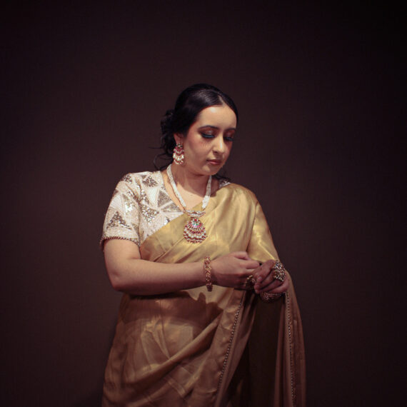 Golden Shimmer Sari with Heavy Embroidered Sequence Work Blouse