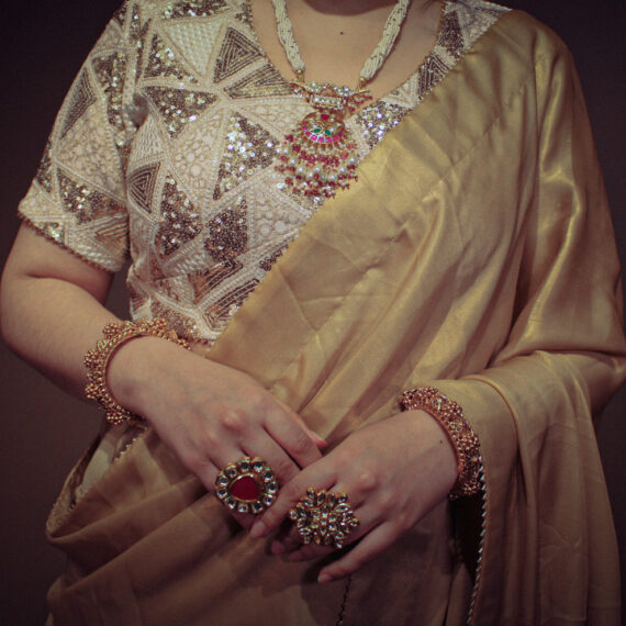 Golden Shimmer Sari with Heavy Embroidered Sequence Work Blouse