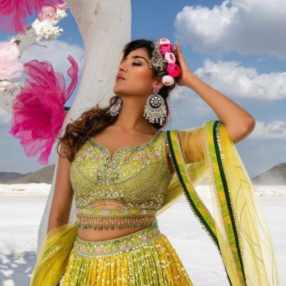 Designer Georgette Lehenga Blouse with Heavy Handwork Lime Green Yellow