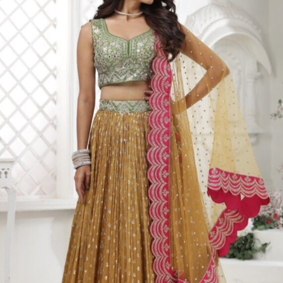 Designer Georgette Lehenga Blouse with Heavy Handwork Mustard Green