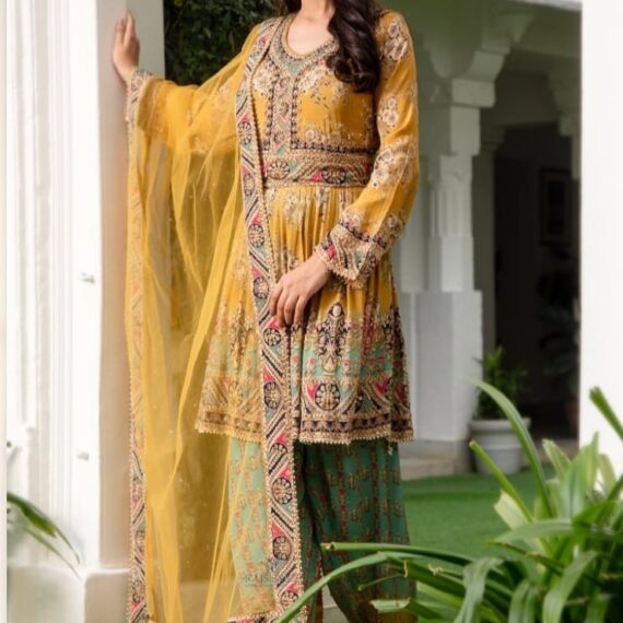 Mustard Green Trouser Suit with Digital Printed Crape Highlighted