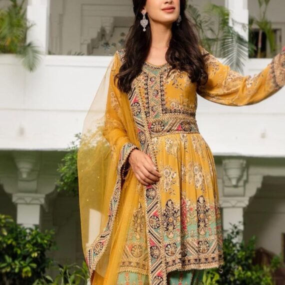 Mustard Green Trouser Suit with Digital Printed Crape Highlighted