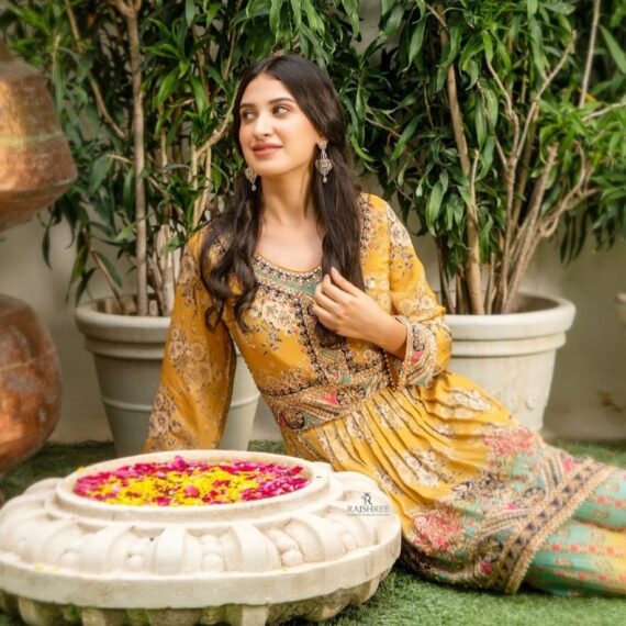 Mustard Green Trouser Suit with Digital Printed Crape Highlighted